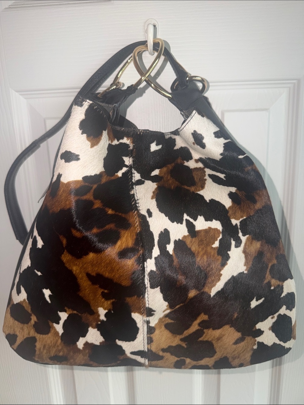 Cowhind Print Shoulder Hobo Bag with Black Strap